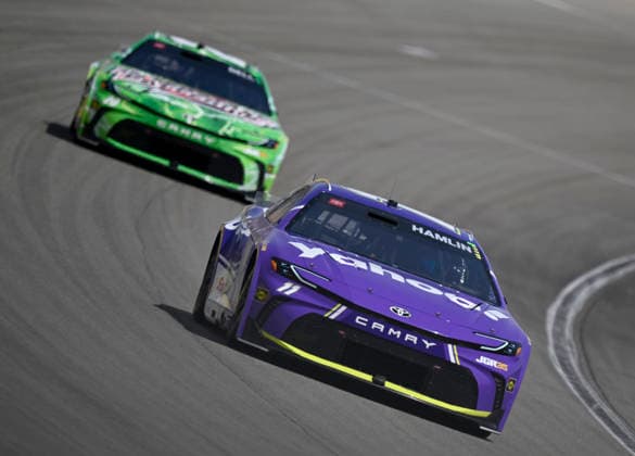 LAS VEGAS, NV - MARCH 15: Denny Hamlin ( 11 Joe Gibbs Racing Yahoo! Toyota) leads Christopher Bell ( 20 Joe Gibbs Racing Interstate Batteries Toyota) during the early laps of the NASCAR, Motorsport, USA Cup Series Pennzoil 400 on March 15, 2026, at Las Vegas Motor Speedway in Las Vegas, NV. (Photo by Will Lester Icon Sportswire) AUTO: MAR 15 NASCAR Cup Series Pennzoil 400 EDITORIAL USE ONLY Icon24031512079