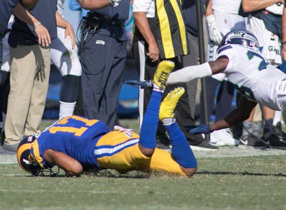 October 8, 2017 - Los Angeles, California, U.S - 17 Robert Woods, WR, of the Los Angeles Rams makes a catch during their Game against the Seattle Seahawks on Sunday October 8, 2017 at the Los Angeles Coliseum in Los Angeles, California. Rams lose to Seahawks, 16-10. Copyright: xJavierxRojasx