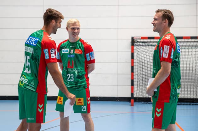 July 20, 2026, xgox, Opel HBL SC Magdeburg Handball Photo Op for the 2026–27 Season, from left: Antonio Serradilla (Magdeburg, 15), Magnus Saugstrup (Magdeburg, 23), Felix Claar (Magdeburg, 7), Magdeburg