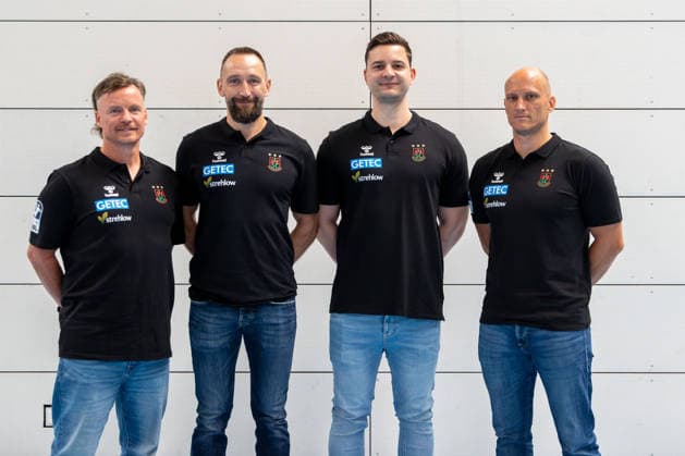 July 20, 2026, xgox, Opel HBL SC Magdeburg Handball Photo Op for the 2026–27 Season, emspor, from left: Physical Therapist Matthias Friedrich, Steffen Mantai, Philip Zachert, Athletic Trainer Daniel Müller, Magdeburg