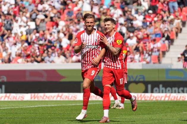 Lucas Höler (Lucas Hoeler), SC Freiburg, 09, and Lukas Kübler (Lukas Kuebler), SC Freiburg, 17; goal celebration, emotions, shot on goal, finish, goal scored, goal, hit, Germany, soccer, friendly match, season opener, SC Freiburg vs. Crystal Palace, August 15, 2026, Europa-Park Stadium, Freiburg, Freiburg, Europa-Park Stadium, Baden-Württemberg, Germany Copyright: xArnexAmbergx