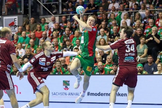 September 3, 2026, xgox, Handball Opel HBL SC Magdeburg vs. Füchse Berlin emspor, from left: Felix Claar (Magdeburg), 7 takes a shot, goal scorer, scores a goal, goal, scores the goal (Magdeburg)