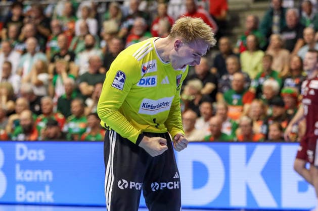September 3, 2026, xgox, Handball Opel HBL SC Magdeburg vs. Füchse Berlin emspor, from left: Lasse Ludwig (Berlin), 1 celebrating a saved shot, blocked, saved, Magdeburg goalkeeper