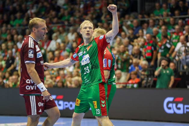 September 3, 2026, xgox, Handball Opel HBL SC Magdeburg vs. Füchse Berlin emspor, from left: Magnus Saugstrup (Magdeburg), 23, cheering, goal celebration, celebrating the goal, Magdeburg celebration