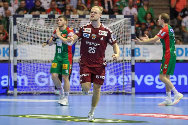 September 3, 2026, xgox, Handball Opel HBL SC Magdeburg vs. Füchse Berlin emspor, from left: Mattes Langhoff (Berlin), 25, cheering, goal celebration, celebrating the goal, Magdeburg celebration