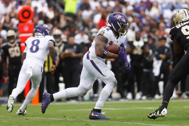 Baltimore Ravens running back Derrick Henry (22) runs the football during an NFL, American Football Herren, USA game against the New Orleans Saints. Sep 20, 2026; Baltimore, MD, USA; at M&T Bank Stadium. Mandatory Credit: -Cal Media NFL 2026: Saints Vs Ravens SEP 20 - ZUMAc04_ 20260920_zma_c04_026 Copyright: xMikexBuscherx