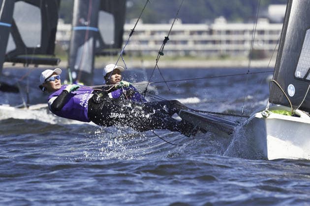 Aichi-Nagoya Asian Games: Sailing Japanese sailors Misaki Tanaka (R) and Sera Nagamatsu compete en route to winning gold in the Aichi-Nagoya Asian Games women s skiff at Kaiyoh Yacht Harbor in Gamagori in Aichi Prefecture, central Japan, on Oct. 1, 2026.  A14AA0005629597P