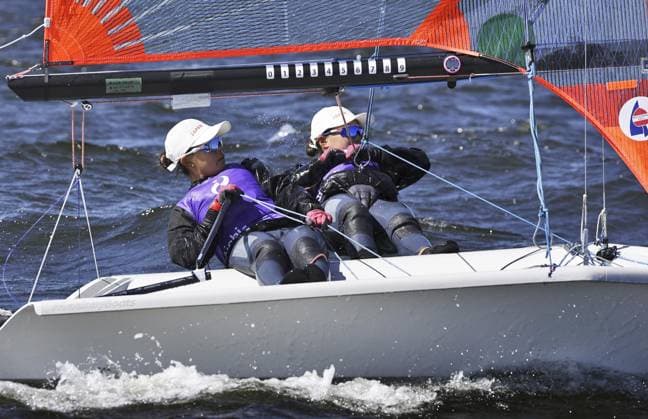 Aichi-Nagoya Asian Games: Sailing Japanese sailors Natsumi Funazawa (L) and Natsuko Funazawa compete en route to winning the Aichi-Nagoya Asian Games girls skiff silver off Kaiyoh Yacht Harbor in Gamagori in Aichi Prefecture, central Japan, on Oct. 2, 2026.  A14AA0005629825P