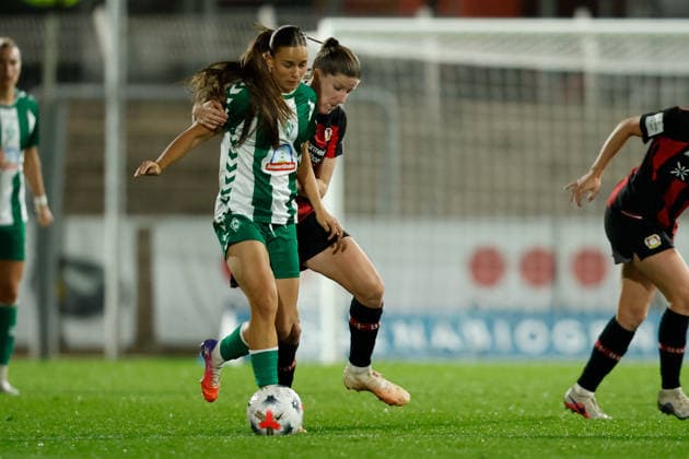 Soccer I Women s I 2026–2027 Season I Bundesliga I Bayer 04 Leverkusen vs. Werder Bremen I October 2, 2026 Lilla Turanyi 24, Bayer 04 Leverkusen Tuana Mahmoud 10, Werder Bremen in a tackle at Leverkusen’s Ulrich Haberland Stadium in North Rhine-Westphalia, Germany Copyright: xLobeca CedricxSiefkerx