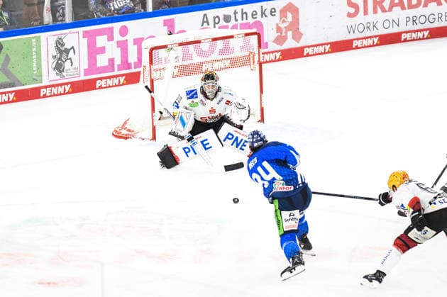 Straubing Tigers vs. Pinguins Bremerhaven, Ice Hockey, German Ice Hockey League, Penny DEL, Matchday 5, 2026–2027 Season, October 2, 2026: Jamieson Rees of the Straubing Tigers misses a shot against Kristers Gudlevskis of the Pinguins Bremerhaven, Men’s Ice Hockey, German Ice Hockey League, Penny DEL, Matchday 5, 2026–2027 Season on October 2, 2026, at the Eisstadion am Pulverturm; Straubing Tigers (blue) vs. Pinguins Bremerhaven (white)