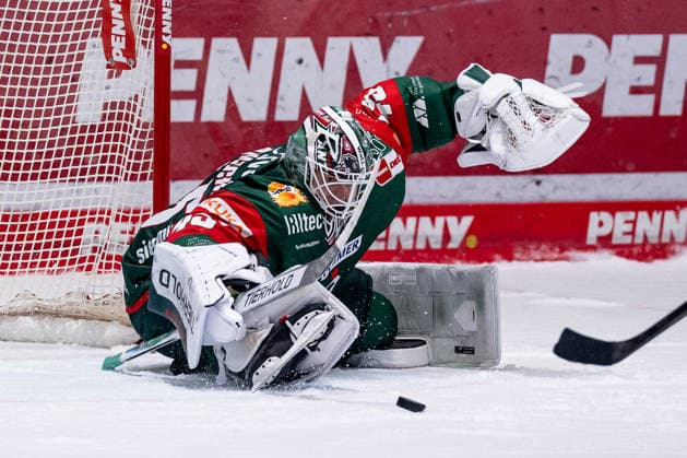 Tobias Ancicka, goaltender, Augsburger Panther, 45, clearing the puck (GER), Augsburger Panther vs. Grizzlys Wolfsburg, ice hockey, DEL, 2026–2027 season, Matchday 4, October 2, 2026. Photo by HMB Media, Heike Feiner Copyright: HMBxMedia HeikexFeiner