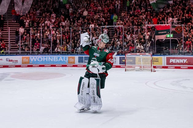 Tobias Ancicka, goalie for the Augsburger Panther, 45, is celebrated for his performance following the victory. GER, Augsburger Panther vs. Grizzlys Wolfsburg, ice hockey, DEL, 2026–2027 season, Matchday 4, October 2, 2026. Photo: HMB Media, Franz Feiner Copyright: HMBxMedia FranzxFeiner