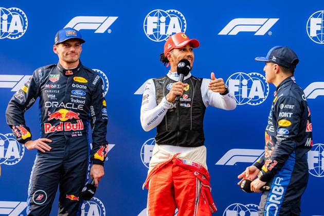 2026 Malaysian GP - Sepang Circuit - Pilots LEWIS HAMILTON 44 (GBR) of Scuderia Ferrari HP (Ferrari SF-26) MAX VERSTAPPEN 1 (NED) of Oracle Red Bull Racing (Red Bull Racing RB22) and ISACK HADJAR 6 (FRA) of Oracle Red Bull Racing (Red Bull Racing RB22) after qualifying top 3 on Saturday during the 2026 Formula 1 Gulf Air Bahrain Grand Prix in Malaysia at Sepang International Circuit in Kuala Lumpur, Malaysia, on October 3, 2026. Photo by Antoine Lapeyre Reveries Agency ABACAPRESS.COM Kuala Lumpur Malaysia Copyright: xAntoinexLapeyre ReveriesxAgency ABACAx
