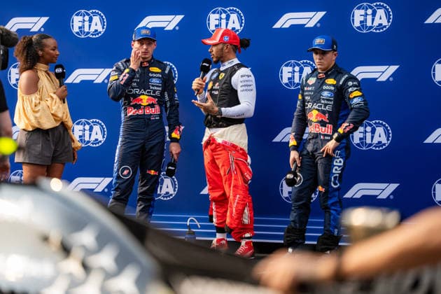 2026 Malaysian GP - Sepang Circuit - Pilots LEWIS HAMILTON 44 (GBR) of Scuderia Ferrari HP (Ferrari SF-26) MAX VERSTAPPEN 1 (NED) of Oracle Red Bull Racing (Red Bull Racing RB22) and ISACK HADJAR 6 (FRA) of Oracle Red Bull Racing (Red Bull Racing RB22) after qualifying top 3 on Saturday during the 2026 Formula 1 Gulf Air Bahrain Grand Prix in Malaysia at Sepang International Circuit in Kuala Lumpur, Malaysia, on October 3, 2026. Photo by Antoine Lapeyre Reveries Agency ABACAPRESS.COM Kuala Lumpur Malaysia Copyright: xAntoinexLapeyre ReveriesxAgency ABACAx
