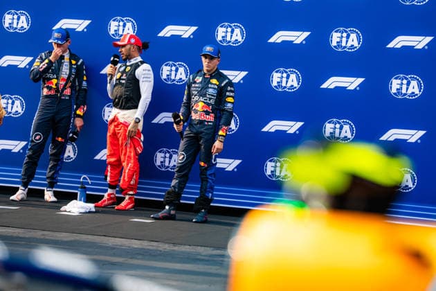 2026 Malaysian GP - Sepang Circuit - Pilots LEWIS HAMILTON 44 (GBR) of Scuderia Ferrari HP (Ferrari SF-26) MAX VERSTAPPEN 1 (NED) of Oracle Red Bull Racing (Red Bull Racing RB22) and ISACK HADJAR 6 (FRA) of Oracle Red Bull Racing (Red Bull Racing RB22) after qualifying top 3 on Saturday during the 2026 Formula 1 Gulf Air Bahrain Grand Prix in Malaysia at Sepang International Circuit in Kuala Lumpur, Malaysia, on October 3, 2026. Photo by Antoine Lapeyre Reveries Agency ABACAPRESS.COM Kuala Lumpur Malaysia Copyright: xAntoinexLapeyre ReveriesxAgency ABACAx