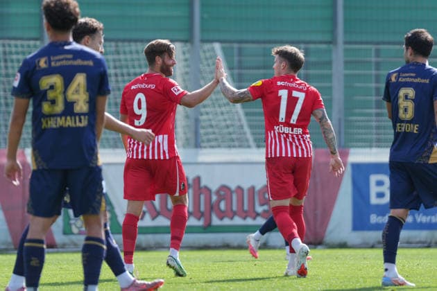 Lucas Höler (Lucas Hoeler), SC Freiburg, 09, and Lukas Kübler (Lukas Kuebler), SC Freiburg, 17—goal celebration, emotions, shot on goal, finish, goal scored, goal, hit, Germany, soccer, friendly match, SC Freiburg vs. FC Luzern, October 3, 2026, Europa-Park Stadium, Training Field, Freiburg, Freiburg, Europa-Park Stadium, Training Field, Baden-Württemberg, Germany Copyright: xArnexAmbergx