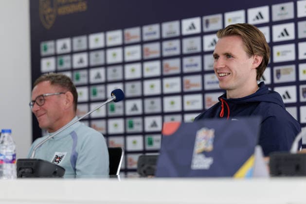 SOCCER - NL, KOS vs AUT PRISTINA,KOSOVO,03.OCT.26 - SOCCER - UEFA Nations League, OEFB international match, Länderspiel, Nationalmannschaft Kosovo vs Austria, preview, press conference, PK, Pressekonferenz team AUT. Image shows head coach Ralf Rangnick and Patrick Wimmer (AUT). GEPAxpictures xArminxRauthner