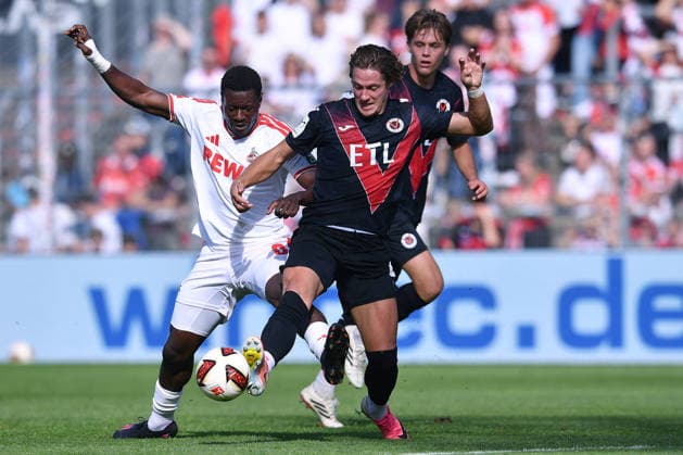 Soccer Friendly Match: FC Viktoria Köln vs. 1. FC Köln on October 3, 2026, at Sportpark Höhenberg in Cologne. Ragnar Ache (Cologne), left; Tobias Eisenhuth (Cologne), right xRx