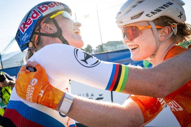 Netherlands Demi Vollering and Netherlands Puck Pieterse celebrates after the elite women Road Race race (130 km) at the cycling UEC Road European Championships, in Ljubljana, Slovenia Saturday 3 October 2026. The UEC Road European Championships are taking place from 02 to 07 October in Ljubljana, Slovenia. DAVIDxPINTENS x188626850x