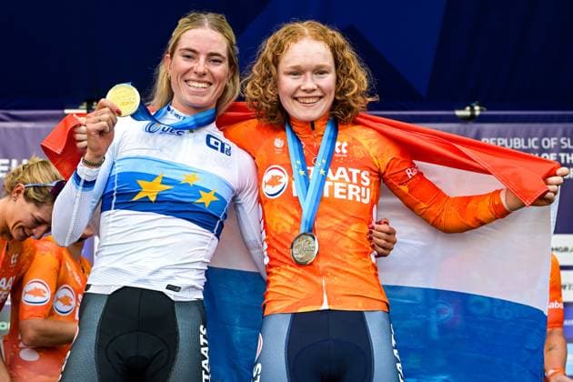 Netherlands Demi Vollering and Netherlands Puck Pieterse celebrates after the elite women Road Race race (130 km) at the cycling UEC Road European Championships, in Ljubljana, Slovenia Saturday 3 October 2026. The UEC Road European Championships are taking place from 02 to 07 October in Ljubljana, Slovenia. DAVIDxPINTENS x188627317x