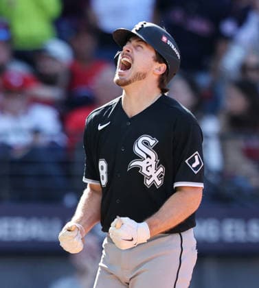 Chicago White Sox Kyle Teel celebrates after scoring a run in the seventh inning against the Cleveland Guardians in game one of the ALDS at Progressive Field in Cleveland, Ohio on Saturday, October 3, 2026.  CLE202610032041 AARONxJOSEFCZYK