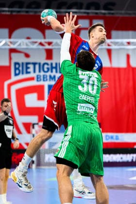 Bietigheim HBL 26 27 SG BBM Bietigheim Fuechse Berlin Nikola Vlahovic Bietigheim, Aymeric Zaepfel Berlin Bietigheim Bissingen Egetrans Arena Baden-Württemberg Germany