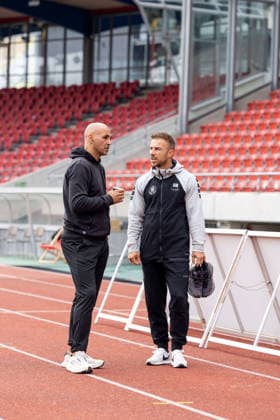 KSV Hessen Kassel vs. SSV Ulm 1846 Soccer, Regionalliga Südwest, Matchday 10, Auestadion Kassel, October 3, 2026; from left: Mario Estasi, SSV Ulm 1846 (soccer), Head of the Licensed Team and Scouting; Alban Meha, KSV Hessen Kassel, Assistant Coach KSV Hessen Kassel vs. SSV Ulm 1846 Soccer, Regionalliga Southwest, Matchday 10, Auestadion Kassel, October 3, 2026. Photo by Lucca Fundel, Kassel Auestadion, Hesse, Germany