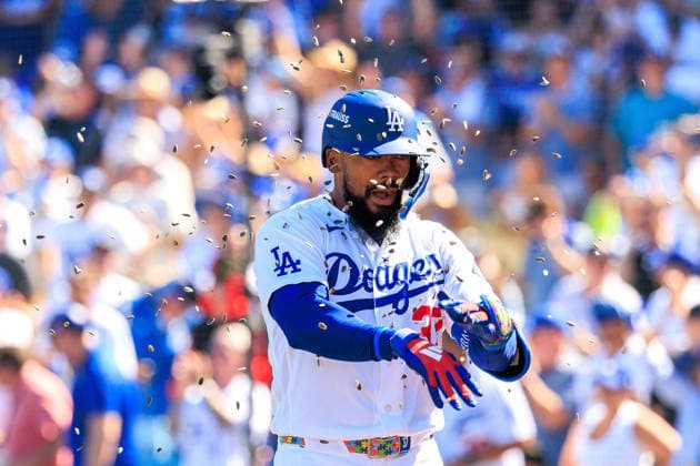 October 3, 2026, Los Angeles, California, USA: Teoscar Hernandez 37 of the Los Angeles Dodgers is congratulated with sunflower seeds after hitting a two-run home run in the fourth inning during a NLDS Game 1 against the Atlanta Braves on Saturday October 3, 2026 at Dodger Stadium in Los Angeles, California. JAVIER ROJAS PI Dodgers Vs. Braves NLDS - Game 1  - ZUMAp124 20261003_zaa_p124_008 Copyright: xJavierxRojasx