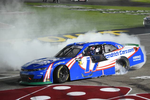 LAS VEGAS, NV - OCTOBER 03: Corey Day ( 17 Hendrick Motorsports HendrickCars.com Chevrolet) does a burnout to celebrate winning the race during the NASCAR, Motorsport, USA OÕReilly Auto Parts Series Focused Health 302 on October 03, 2026, at Las Vegas Motor Speedway in Las Vegas, NV. (Photo by Chris Williams LVMS Icon Sportswire) AUTO: OCT 03 NASCAR OÕReilly Auto Parts Series Focused Health 302 EDITORIAL USE ONLY Icon0072610031144