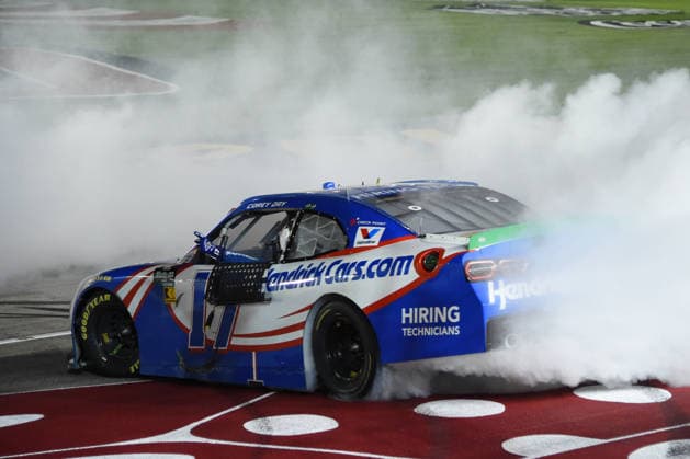 LAS VEGAS, NV - OCTOBER 03: Corey Day ( 17 Hendrick Motorsports HendrickCars.com Chevrolet) does a burnout to celebrate winning the race during the NASCAR, Motorsport, USA OÕReilly Auto Parts Series Focused Health 302 on October 03, 2026, at Las Vegas Motor Speedway in Las Vegas, NV. (Photo by Chris Williams LVMS Icon Sportswire) AUTO: OCT 03 NASCAR OÕReilly Auto Parts Series Focused Health 302 EDITORIAL USE ONLY Icon0072610031145