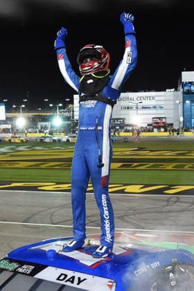 LAS VEGAS, NV - OCTOBER 03: Corey Day ( 17 Hendrick Motorsports HendrickCars.com Chevrolet) climbs on top of his car to celebrate winning the race during the NASCAR, Motorsport, USA OÕReilly Auto Parts Series Focused Health 302 on October 03, 2026, at Las Vegas Motor Speedway in Las Vegas, NV. (Photo by Chris Williams LVMS Icon Sportswire) AUTO: OCT 03 NASCAR OÕReilly Auto Parts Series Focused Health 302 EDITORIAL USE ONLY Icon0072610031155