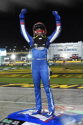 LAS VEGAS, NV - OCTOBER 03: Corey Day ( 17 Hendrick Motorsports HendrickCars.com Chevrolet) climbs on top of his car to celebrate winning the race during the NASCAR, Motorsport, USA OÕReilly Auto Parts Series Focused Health 302 on October 03, 2026, at Las Vegas Motor Speedway in Las Vegas, NV. (Photo by Chris Williams LVMS Icon Sportswire) AUTO: OCT 03 NASCAR OÕReilly Auto Parts Series Focused Health 302 EDITORIAL USE ONLY Icon0072610031156
