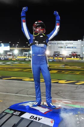LAS VEGAS, NV - OCTOBER 03: Corey Day ( 17 Hendrick Motorsports HendrickCars.com Chevrolet) climbs on top of his car to celebrate winning the race during the NASCAR, Motorsport, USA OÕReilly Auto Parts Series Focused Health 302 on October 03, 2026, at Las Vegas Motor Speedway in Las Vegas, NV. (Photo by Chris Williams LVMS Icon Sportswire) AUTO: OCT 03 NASCAR OÕReilly Auto Parts Series Focused Health 302 EDITORIAL USE ONLY Icon0072610031157