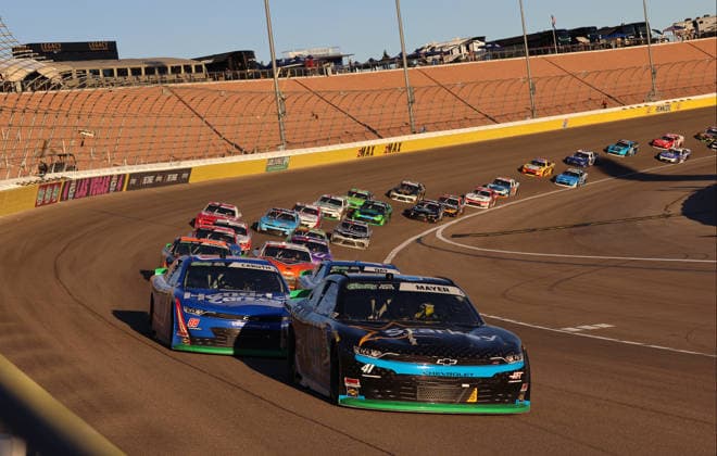 LAS VEGAS, NV - OCTOBER 03: Sam Mayer ( 41 Haas Factory Team Starkey Omega A.I.+ Chevrolet) races ahead of Rajah Caruth ( 88 JR Motorsports Hendrick Cars.com Chevrolet) and Corey Day ( 17 Hendrick Motorsports HendrickCars.com Chevrolet) during the NASCAR, Motorsport, USA O™Reilly Auto Parts Series Focused Health 302 race on Saturday, Oct. 3, 2026, at the Las Vegas Motor Speedway in Las Vegas, NV. (Photo by Marc Sanchez Icon Sportswire) AUTO: OCT 03 NASCAR O™Reilly Auto Parts Series Focused Health 302 EDITORIAL USE ONLY Icon1442610032765