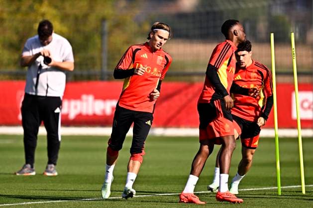 France v Belgium - UEFA Nations League 2026 Media Activities 04 10 2026 TUBIZE, BELGIUM - OCTOBER 04 : Godts Mika forward of Belgium, Lukebakio Dodi forward of Belgium and Sabbe Kyriani defender of Belgium pictured during a training session ahead of the UEFA Nations League tournament league phase matchday 4 group A1 match between France and Belgium on October 4, 2026 in Tubize, Belgium, 04 10 2026 Tubize Belgium Copyright: xTomasxSiskx