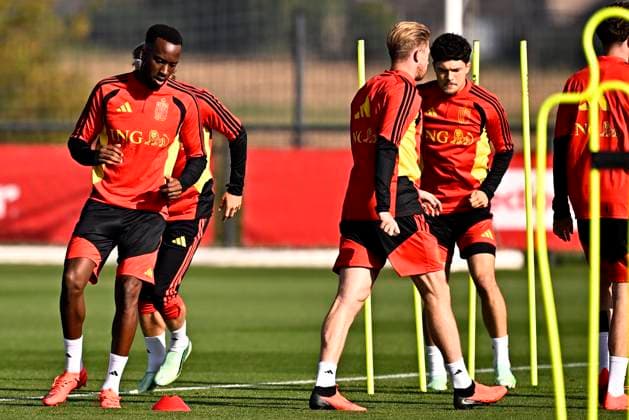 France v Belgium - UEFA Nations League 2026 Media Activities 04 10 2026 TUBIZE, BELGIUM - OCTOBER 04 : Lukebakio Dodi forward of Belgium, De Bruyne Kevin forward of Belgium and Sabbe Kyriani defender of Belgium pictured during a training session ahead of the UEFA Nations League tournament league phase matchday 4 group A1 match between France and Belgium on October 4, 2026 in Tubize, Belgium, 04 10 2026 Tubize Belgium Copyright: xTomasxSiskx
