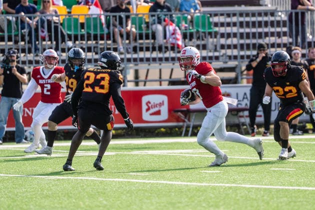 AMERICAN FOOTBALL - IFAF EC, AUT vs BEL SALZBURG,AUSTRIA,04.OCT.26 - AMERICAN FOOTBALL - IFAF European Championship, EM, Europameisterschaft Austria vs Belgium. Image shows Stef Atidzah (BEL) and Daniel Holzmann (AUT).  GEPAxpictures xJulioxArellano