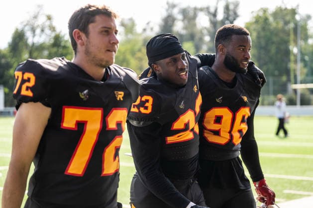 AMERICAN FOOTBALL - IFAF EC, AUT vs BEL SALZBURG,AUSTRIA,04.OCT.26 - AMERICAN FOOTBALL - IFAF European Championship, EM, Europameisterschaft Austria vs Belgium. Image shows Robbe Pieters, Stef Atidzah and Abdoulaye Sow (BEL).  GEPAxpictures xJulioxArellano