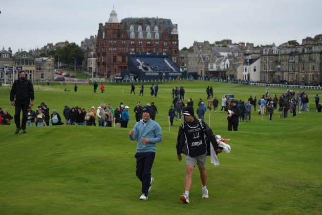 RECORD DATE NOT STATED 4th October 2026; Old Course at St Andrews, St Andrews, Scotland; DP World Tour Golf, Alfred Dunhill Links Championship, Final Day; Matthew Jordan and his caddie Chris Simmons walk up the fairway on the 2nd hole AlecxBrown
