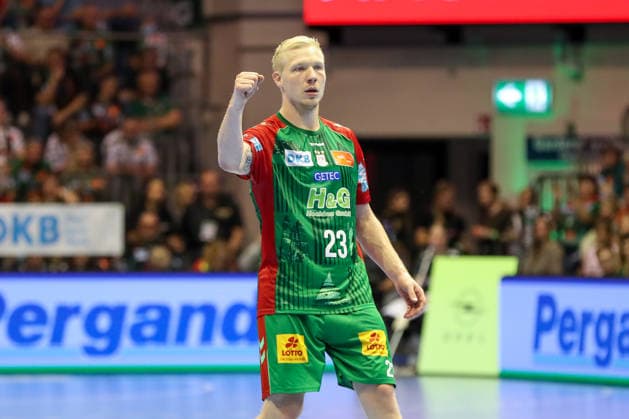 October 4, 2026, xgox, Handball Opel HBL SC Magdeburg vs. HC Erlangen emspor, from left: Magnus Saugstrup (Magdeburg), 23, cheering, goal celebration, celebrating the goal, Magdeburg celebration
