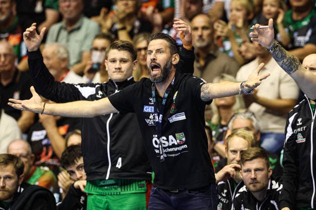 Coach Bennet Wiegert, SC Magdeburg, Handball Bundesliga, 2026–2027 season, SC Magdeburg vs. HC Erlangen at the GETEC Arena in Magdeburg, Handball, Germany, October 4, 2026