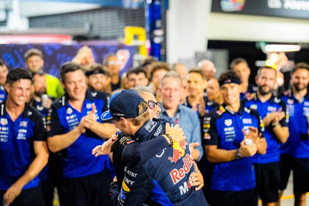 2026 Malaysian Grand Prix - Max Verstappen celebration of MAX VERSTAPPEN 1 (NED) of Oracle Red Bull Racing (Red Bull Racing RB22) win with the red bull team in front of their garage with LAURENT MEKIES (FRA) Team Principal of Oracle Red Bull Racing (Red Bull Racing RB22) on Sunday Race Day during the 2026 Formula 1 Gulf Air Bahrain Grand Prix in Malaysia at Sepang International Circuit in Kuala Lumpur, Malaysia, on October 4, 2026. Photo by Antoine LAPEYRE Reveries Agency ABACAPRESS.COM Kuala Lumpur Malaysia  Copyright: xAntoinexLapeyre ReveriesxAgency ABACAx