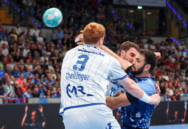October 4, 2026, Germany, Stuttgart, DHB Cup 2026–2027 Season, TVB Stuttgart vs. TBV Lemgo Lippe, from left: Nicolai Theilinger (TBV), Joël Willecke (TBV), Mohamed Amine Darmoul (TVB)