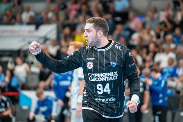 Handball I Men I 2026–2027 Season I Bundesliga I Matchday 6 I TVB Stuttgart vs. TBV Lemgo Lippe I October 4, 2026 Domenico Ebner 94, TBV Lemgo Lippe celebrates at the Stuttgart Porsche Arena, Baden-Württemberg, Germany Copyright: xLobeca MaxxPetershansx