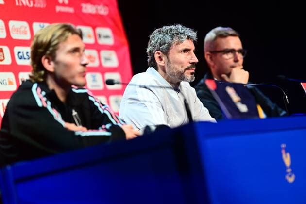 France v Belgium - UEFA Nations League 2026 Media Activities 04 10 2026 PARIS, FRANCE - OCTOBER 04 : Godts Mika forward of Belgium, Van Bommel Mark head coach of Belgium speaking with the media during a pre-match press conference, PK, Pressekonferenz ahead of the UEFA Nations League tournament league phase matchday 4 group A1 match between France and Belgium on October 4, 2026 in Paris, France, 04 10 2026 Paris France Copyright: xDexVoechtx-xKalutx