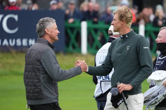 RECORD DATE NOT STATED 4th October 2026; Old Course at St Andrews, Mount Melville, Scotland; DP World Tour Golf, Alfred Dunhill Links Championship, Final Day; Adrian Meronk and Tom Chaplin shake hands on the 18th hole, Adrian Meronk and Tom Chaplin win the team event AlecxBrown