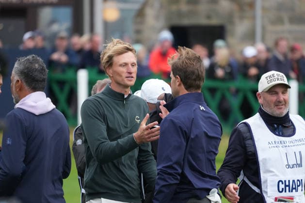 RECORD DATE NOT STATED 4th October 2026; Old Course at St Andrews, Mount Melville, Scotland; DP World Tour Golf, Alfred Dunhill Links Championship, Final Day; Adrian Meronk and Thomas Detry shake hands on the 18th hole, Adrian Meronk wins the tournament and is champion golfer AlecxBrown
