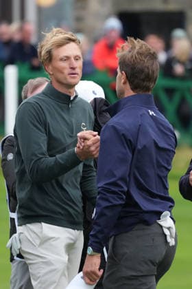 RECORD DATE NOT STATED 4th October 2026; Old Course at St Andrews, Mount Melville, Scotland; DP World Tour Golf, Alfred Dunhill Links Championship, Final Day; Adrian Meronk and Thomas Detry shake hands on the 18th hole, Adrian Meronk wins the tournament and is champion golfer AlecxBrown
