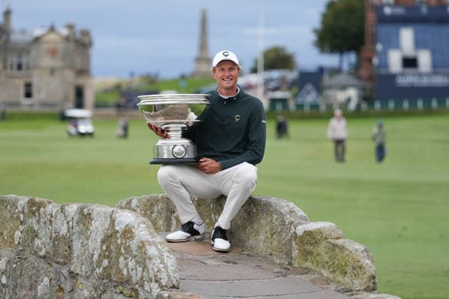 RECORD DATE NOT STATED 4th October 2026; Old Course at St Andrews, St Andrews, Scotland; DP World Tour Golf, Alfred Dunhill Links Championship, Final Day; Adrian Meronk holds the Alfred Dunhill trophy on the Swilcan Bridge after winning the tournament and becoming champion golfer AlecxBrown