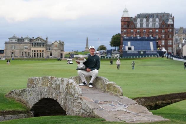RECORD DATE NOT STATED 4th October 2026; Old Course at St Andrews, St Andrews, Scotland; DP World Tour Golf, Alfred Dunhill Links Championship, Final Day; Adrian Meronk holds the Alfred Dunhill trophy on the Swilcan Bridge after winning the tournament and becoming champion golfer AlecxBrown